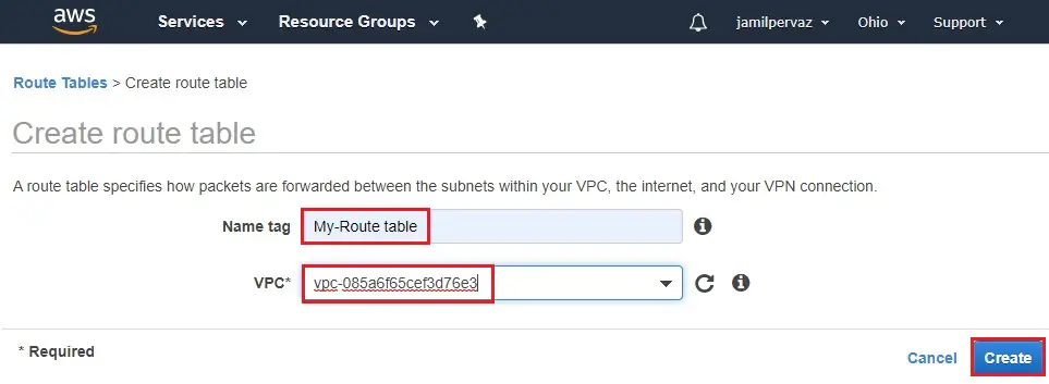 create route table name