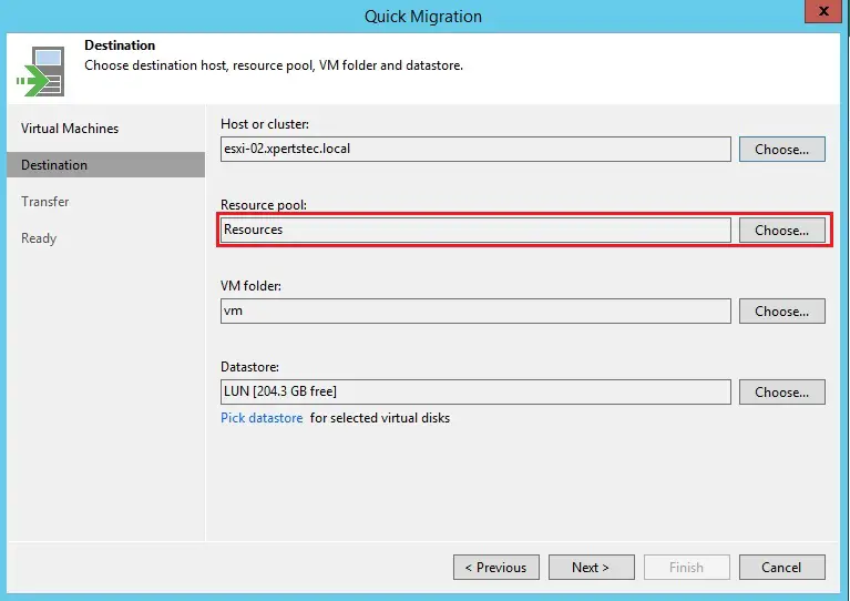 quick migration select source pool