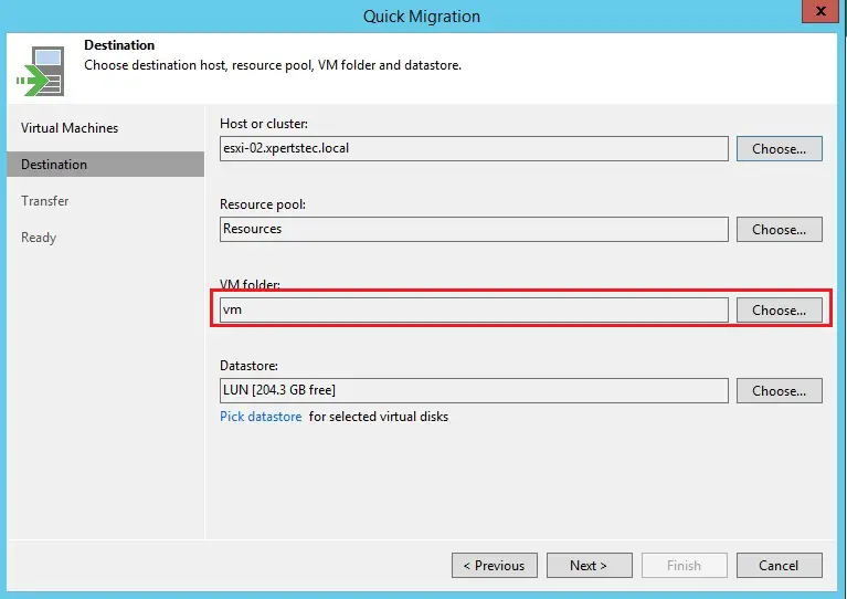 quick migration select vm folder