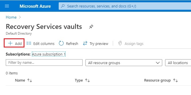 azure add recovery services vault
