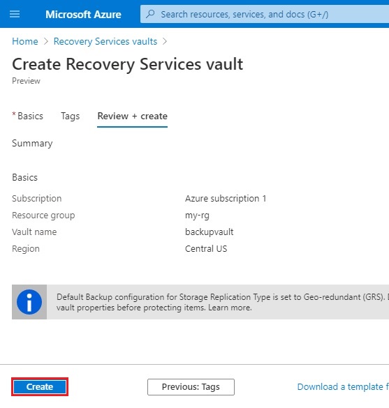 azure create recovery services vault