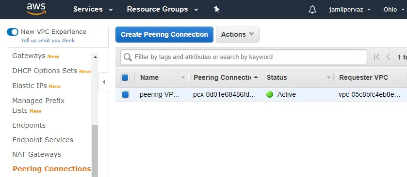 create peering connection active aws