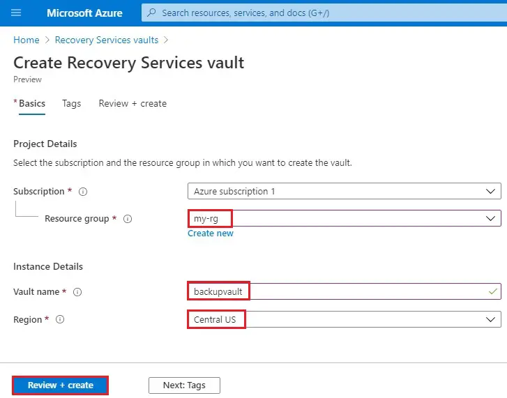 create recovery services vault