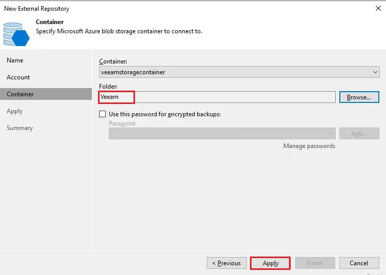 veeam add external repository container