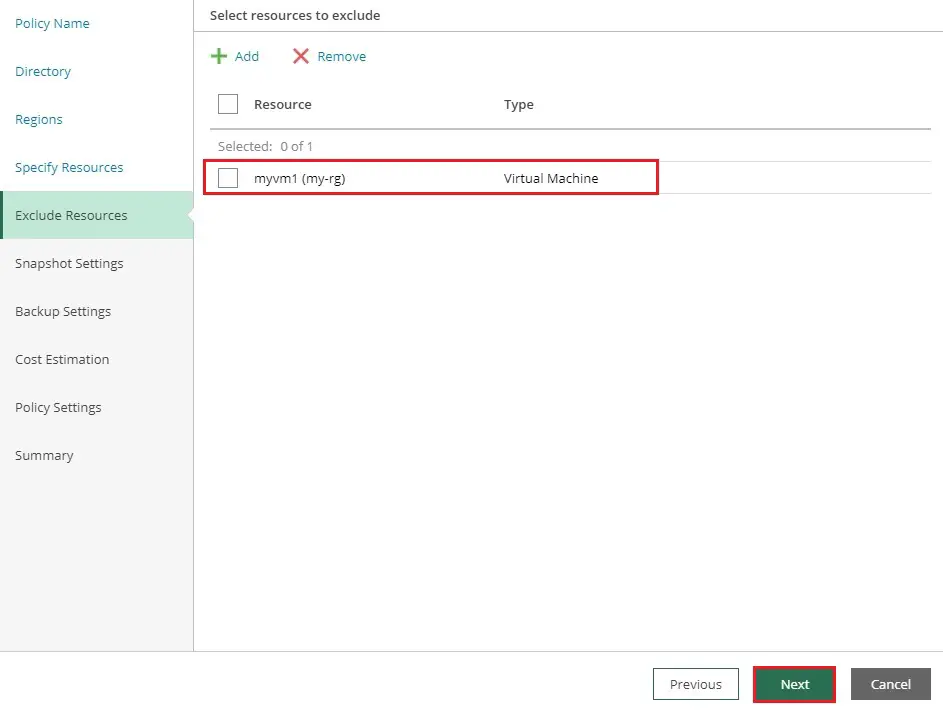 veeam azure add policy exclude