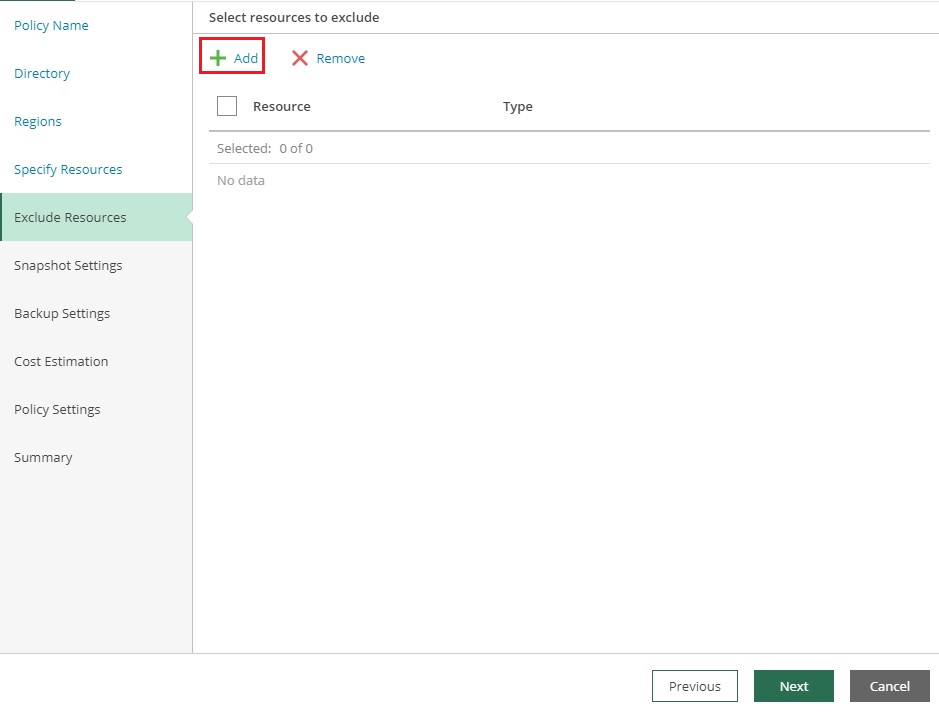 veeam azure add policy exclude