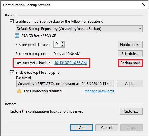 veeam configuration backup settings