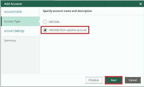 veeam for aws add account type
