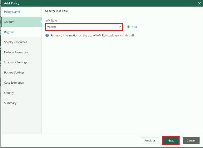 veeam for aws add policy account