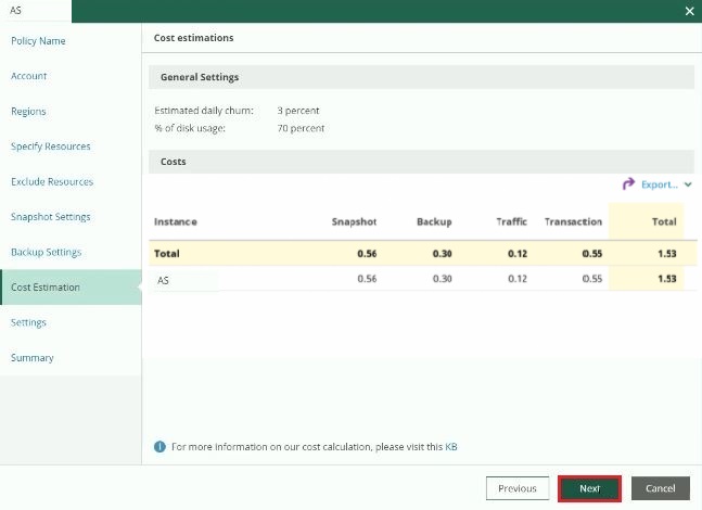 veeam for aws add policy cost