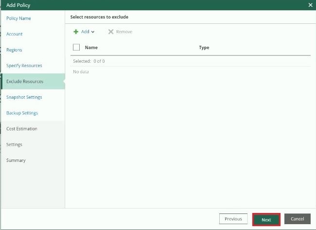 veeam for aws add policy exclude
