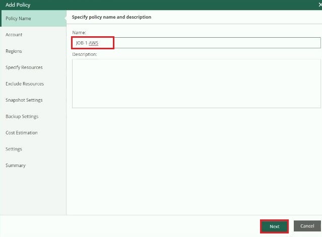 veeam for aws add policy name