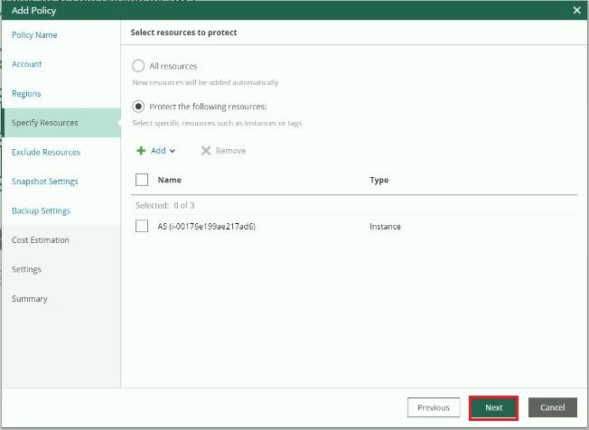 veeam for aws add policy resources