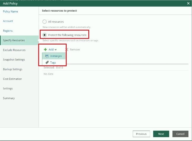 veeam for aws add policy resources