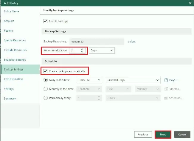 veeam for aws add policy schedule