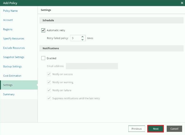 veeam for aws add policy settings