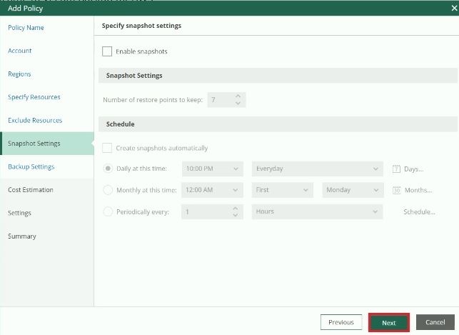 veeam for aws add policy snapshot