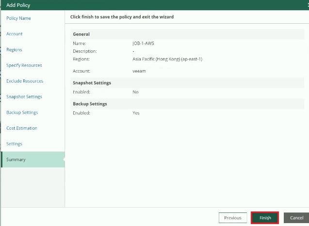 veeam for aws add policy summary