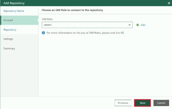 veeam for aws add repository account