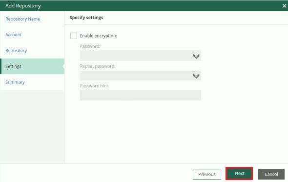 veeam for aws add repository settings