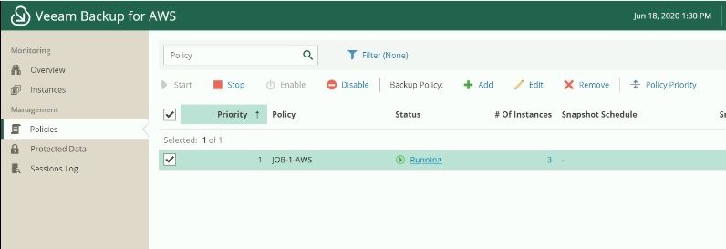 veeam for aws policy job running