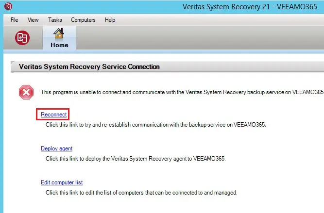 veritas recovery service connection