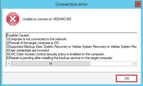 veritas recovery unable to connect