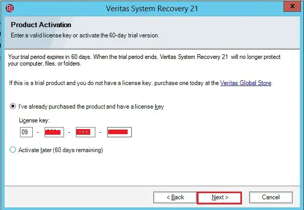 veritas system recovery activation