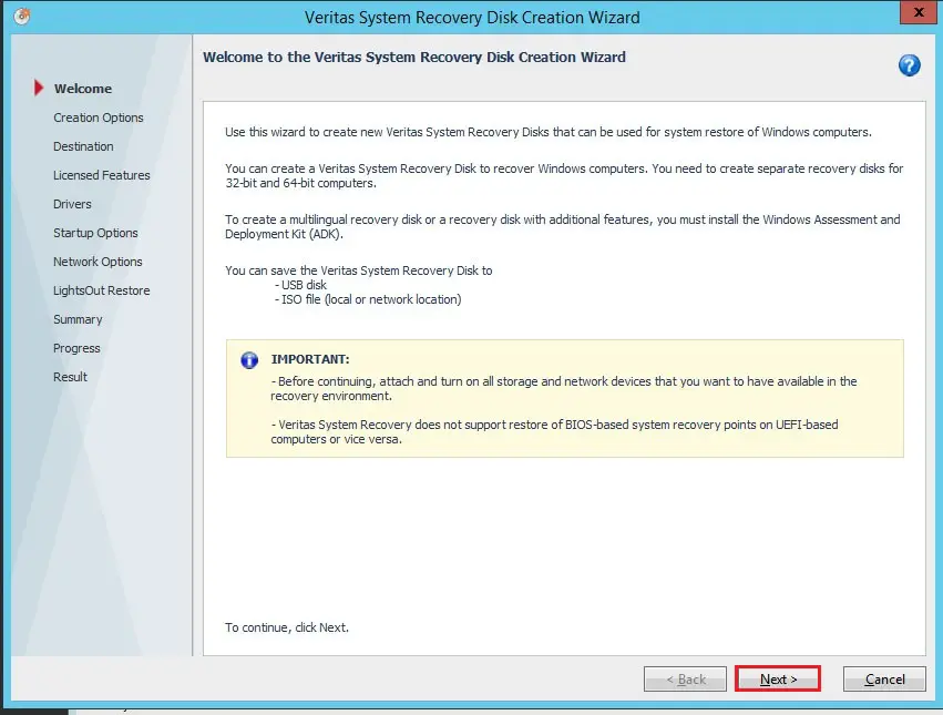 veritas system recovery disk wizard