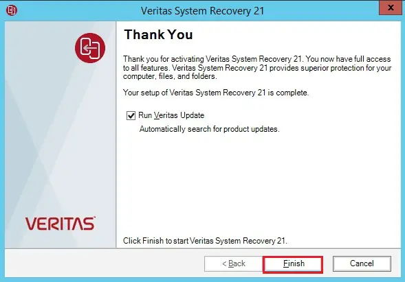veritas system recovery finish