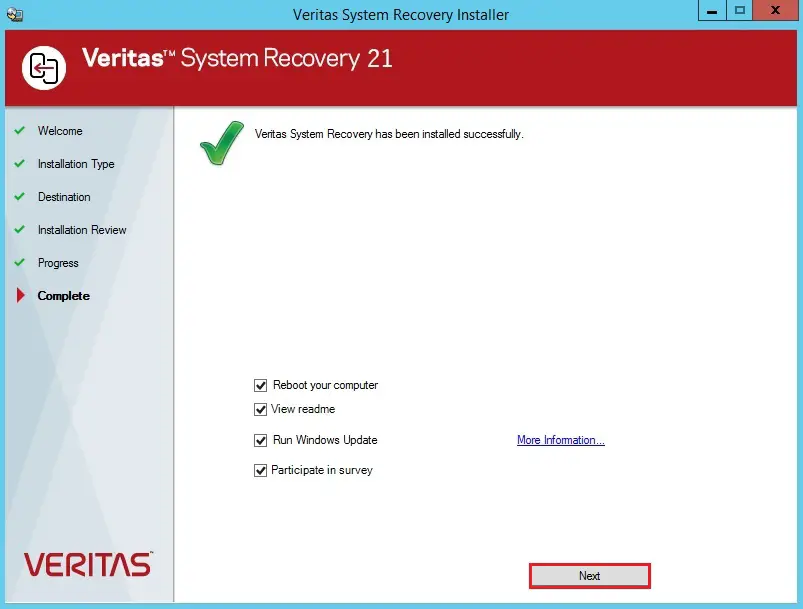 veritas system recovery installer complete