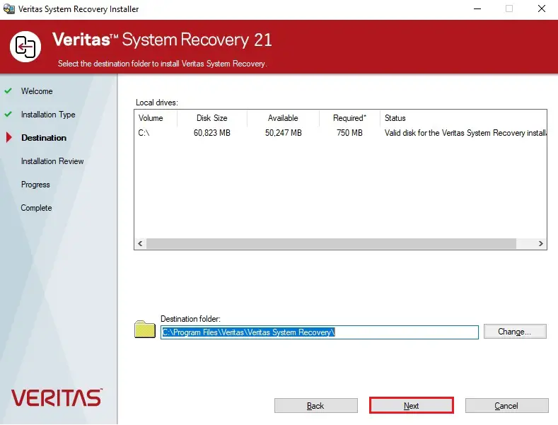 veritas system recovery installer destination