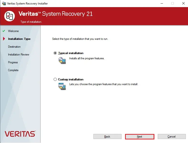 veritas system recovery installer type