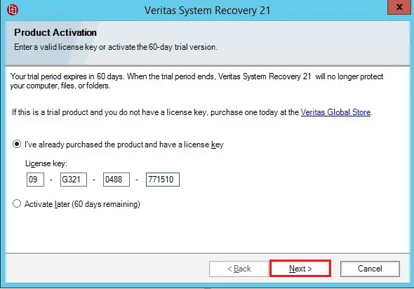 veritas system recovery production activation