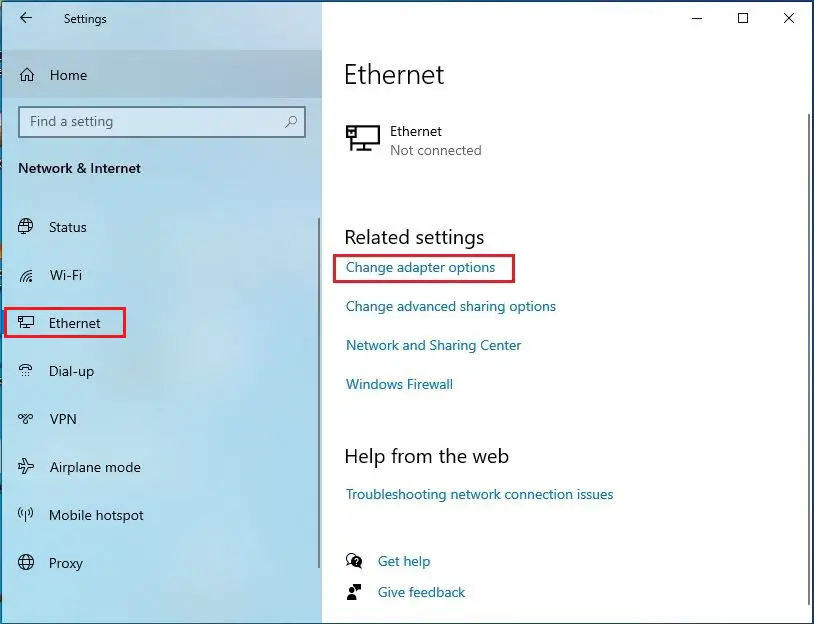 Windows 10 settings Ethernet