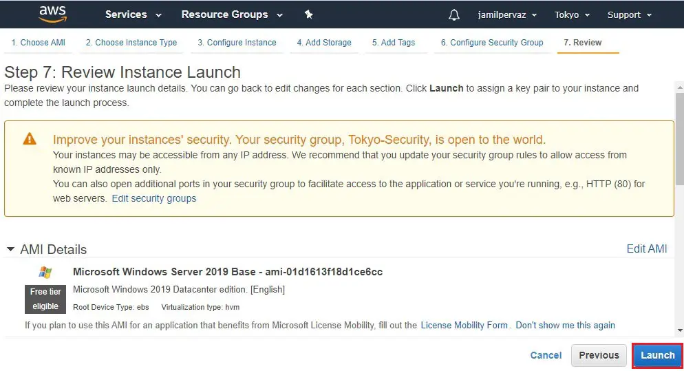 aws review instance launch