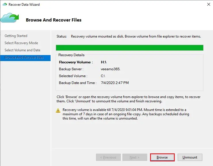 azure browse and recover file