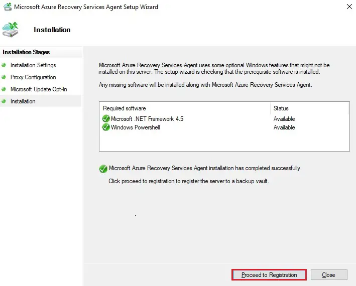 azure recovery service required software