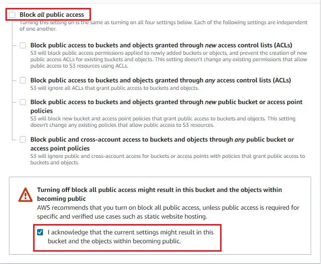 bucket settings for block access