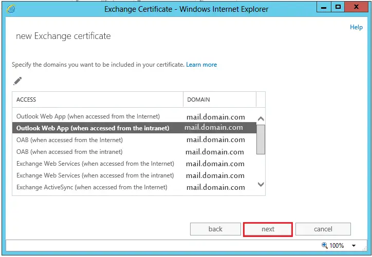new exchange certificate specify domain