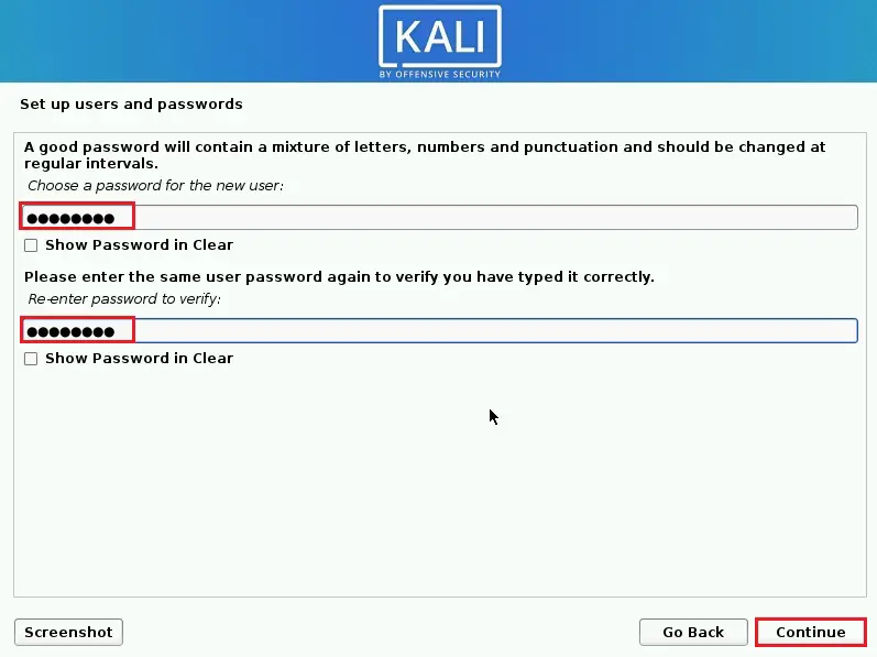 kali linux installer choose password