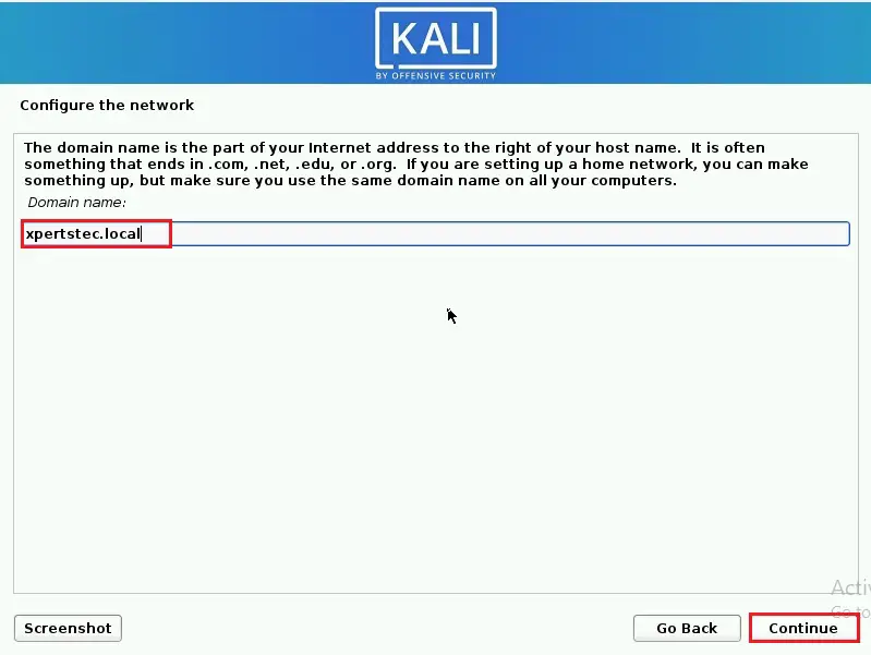 kali linux installer domain name