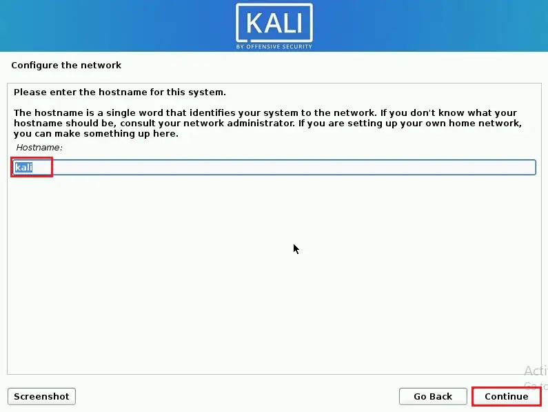 kali linux installer hostname