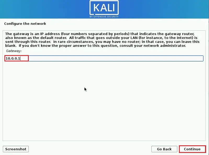 kali linux installer network gateway