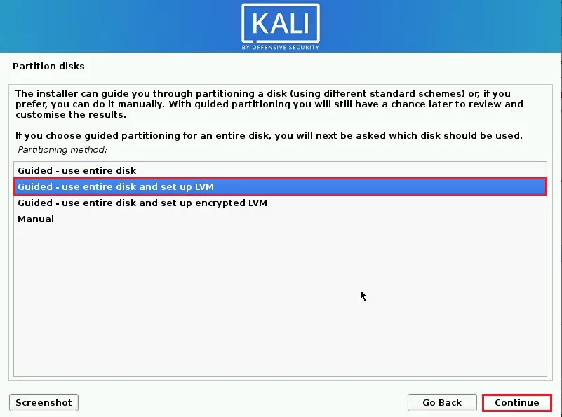 kali linux installer partition disks