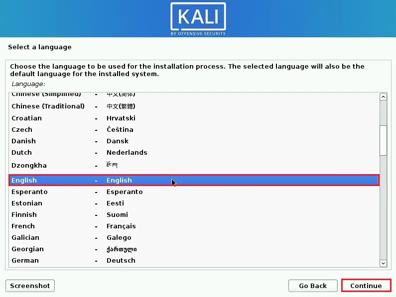 kali linux installer select language