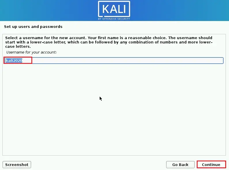 kali linux installer setup username