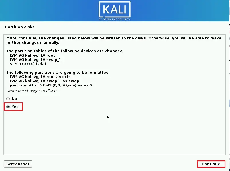 kali linux partition disks write