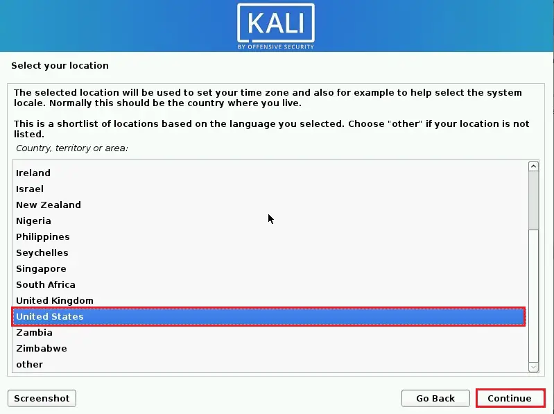 kali linux select location