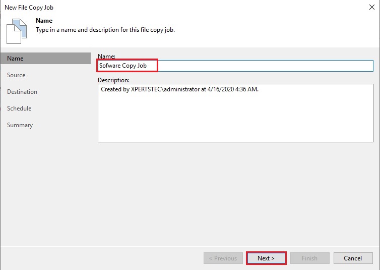 veeam new file copy wizard name